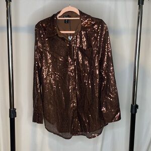 Nicole Miller NWT Brown Sequin Button Up Top